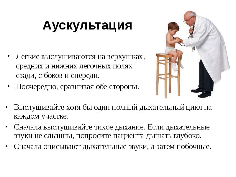 Выслушивайте хотя бы один полный дыхательный цикл на каждом участке. Выслушивайте