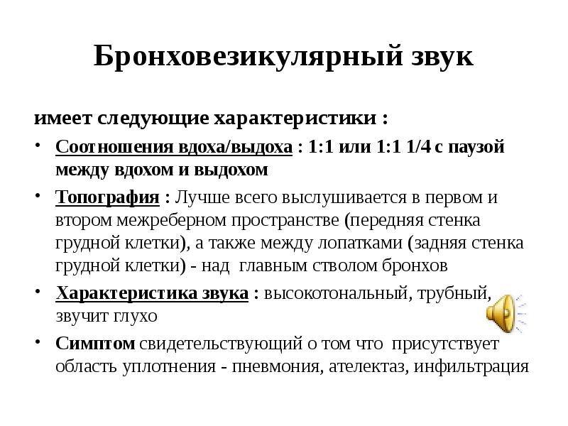 Бронховезикулярный звук имеет следующие характеристики : Соотношения вдоха/выдоха : 1:1 или