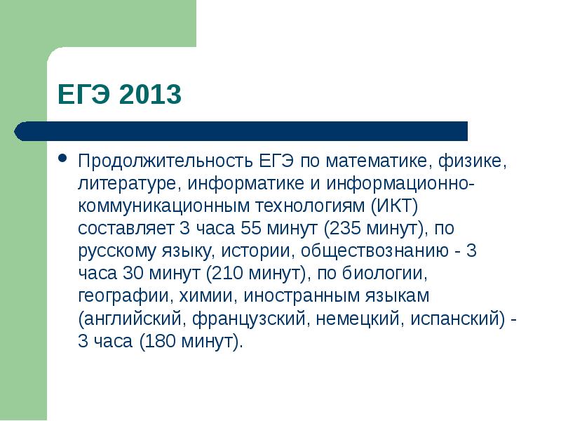 Литература по информатике. ЕГЭ 2013. ЕГЭ ИКТ Продолжительность. Презентация на тему ЕГЭ. Продолжительность ЕГЭ по математике.