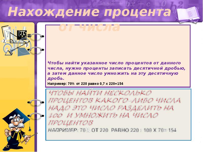 Найти нужное число. Нахождение процентов от данного числа. Процент от числа равно умножить число на %. Чтобы найти процент от числа надо умножить данное число на этот. 9. Нахождение процентов от данного числа.