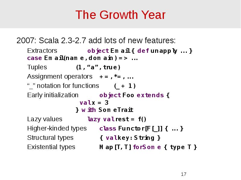 The Growth Year 2007: Scala 2.3-2.7 add lots of new features: