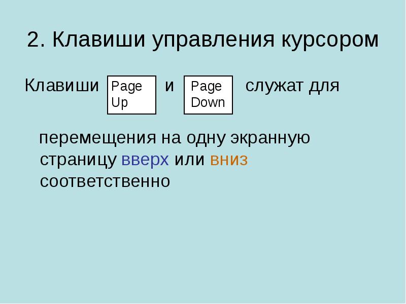 Клавиши перемещения. Клавиши управления курсором. Клавиши для перемещения курсора на страницу вверх. Перемещение курсора на экранную страницу вниз. Презентация клавиши управления курсором.