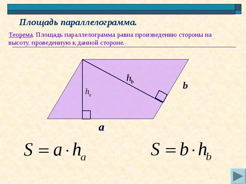 Формулы площадей треугольников параллелограммов трапеции. Площадь параллелограмма формула. 2 Формулы площади параллелограмма. Формула площади параллелограмма 8. Формула площади параллелограмма 8 класс.
