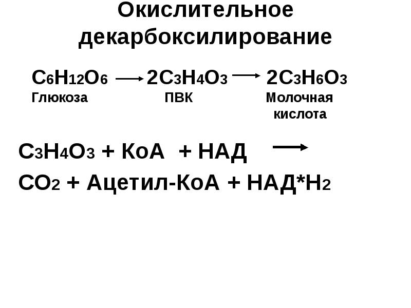 Окислительное декарбоксилирование
С3Н4О3 + КоА + НАД
СО2 + Окислительное декарбоксилирование
С3Н4О3 + КоА + НАД
СО2 +