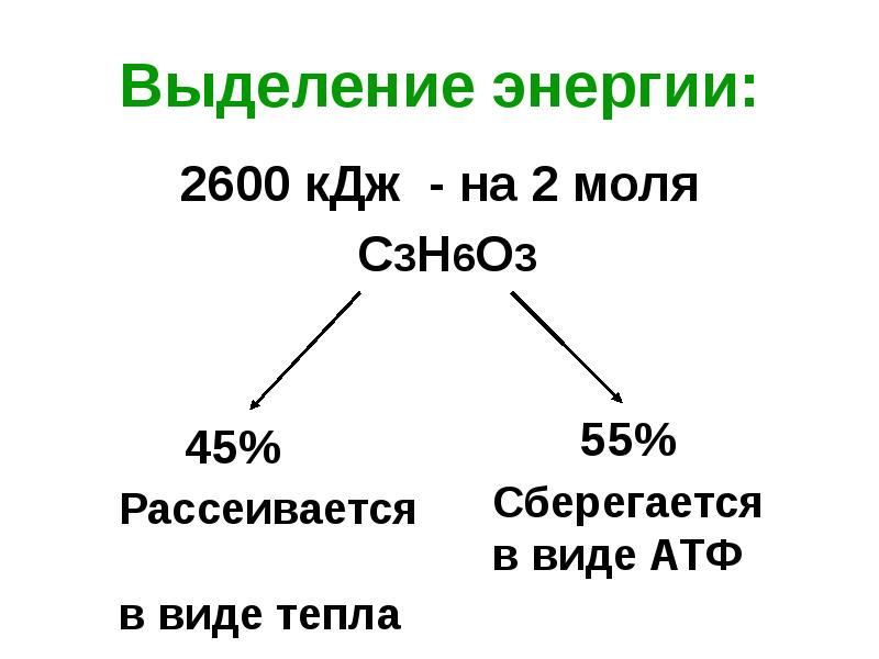 Выделение энергии:
2600 кДж - на 2 моля
С3Н6О3 Выделение энергии:
2600 кДж - на 2 моля
С3Н6О3