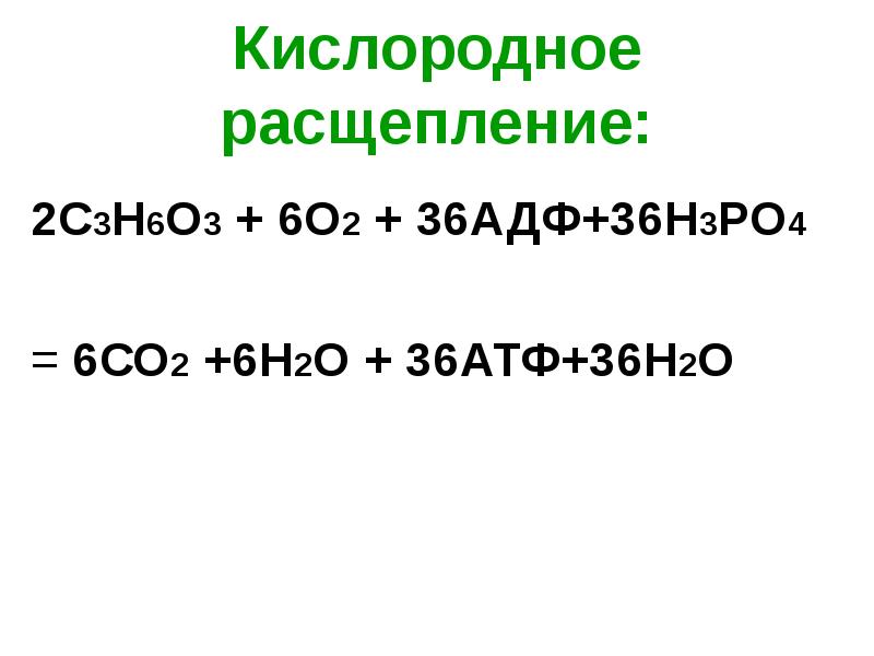 Кислородное расщепление:
2С3Н6О3 + 6О2 + 36АДФ+36Н3РО4
= 6СО2 Кислородное расщепление:
2С3Н6О3 + 6О2 + 36АДФ+36Н3РО4
= 6СО2