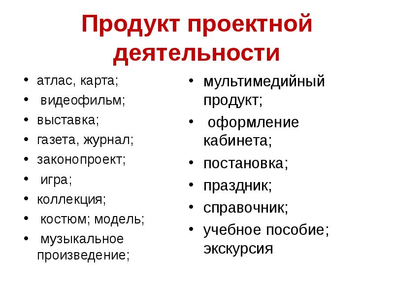 Какие могут быть продукты у проекта