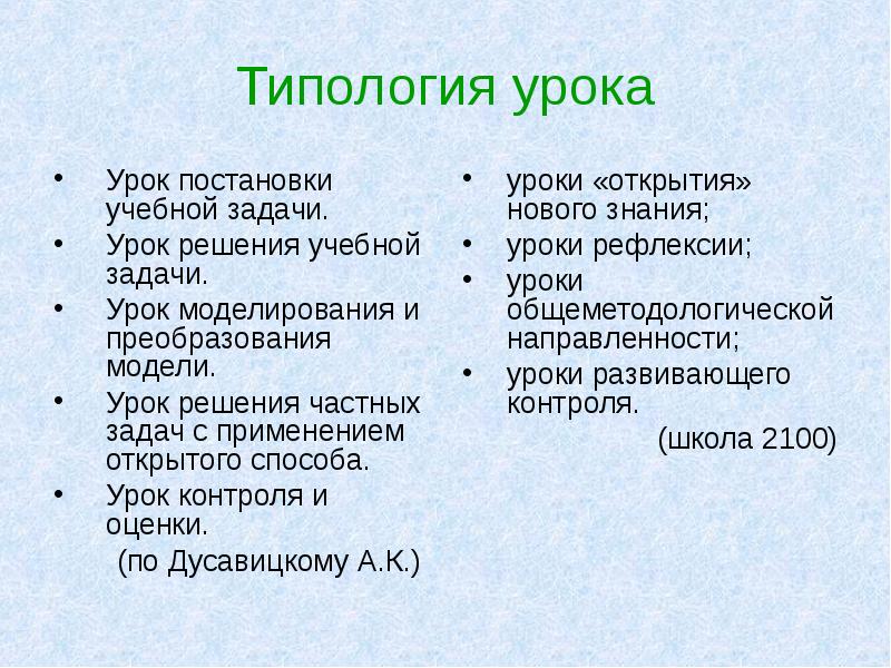 Современная типология уроков