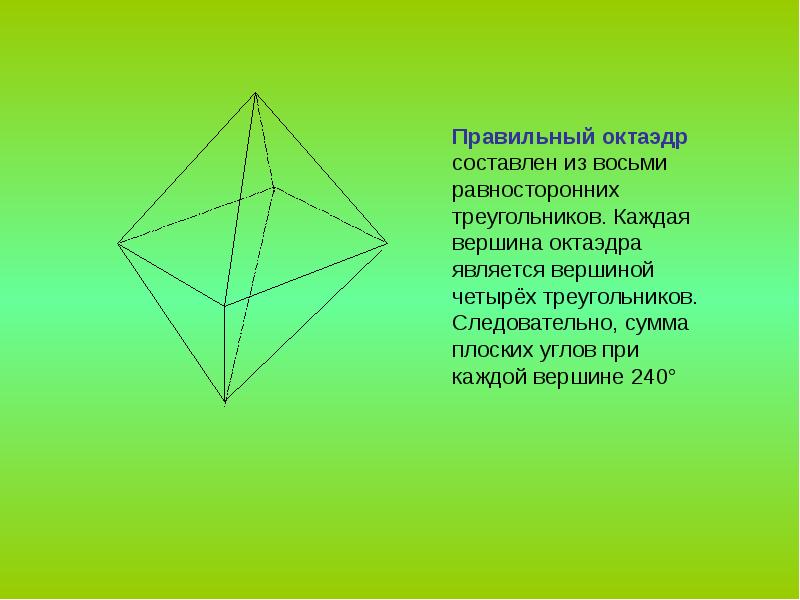 Углы октаэдра. Оси симметрии октаэдра. Элементы симметрии правильного октаэдра. Зеркальная симметрия октаэдра. Симметрия многогранников.