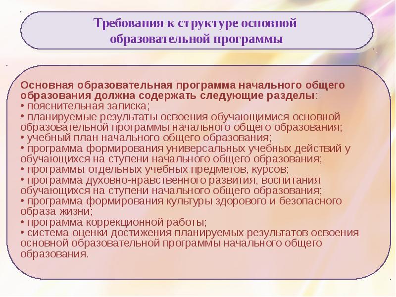 Какие разделы включает программа начального общего образования. Требования к структуре основной образовательной программы. Требования к структуре ООП НОО. Требования к метапредметным результатам освоения. Программа коррекционной работы ООП НОО.