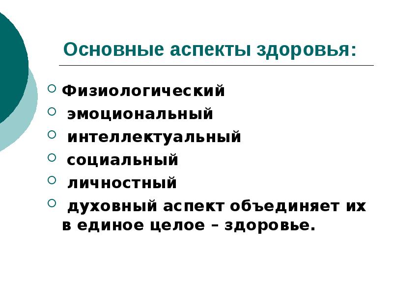 Аспект здоровья. Основные аспекты здоровья:. Социальные аспекты здоровья. Разновидности аспектов здоровья. Интеллектуальный аспект здоровья.