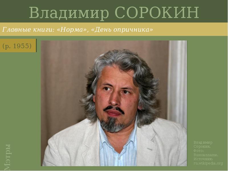 Владимир СОРОКИН
Главные книги: «Норма», «День опричника» Владимир СОРОКИН
Главные книги: «Норма», «День опричника»