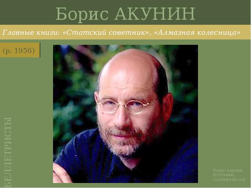 Борис АКУНИН
Главные книги: «Статский советник», «Алмазная колесница» Борис АКУНИН
Главные книги: «Статский советник», «Алмазная колесница»