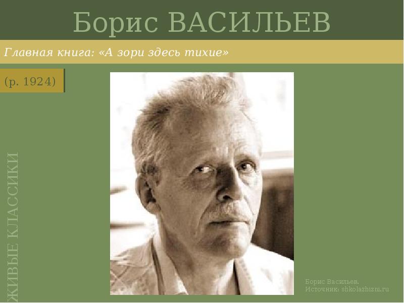 Борис ВАСИЛЬЕВ
Главная книга: «А зори здесь тихие» Борис ВАСИЛЬЕВ
Главная книга: «А зори здесь тихие»