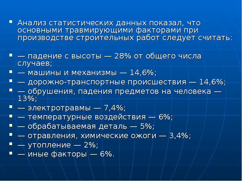 При производстве в среднем на каждые 2982. Основные травмирующие факторы при производстве строительных работ.