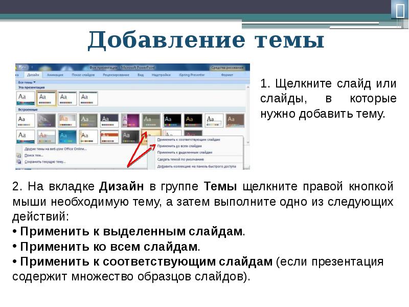 Добавление. Добавление фона в презентацию. Вкладка дизайн в POWERPOINT. Щелкнуть по вкладке оформление.. Добавить тему.