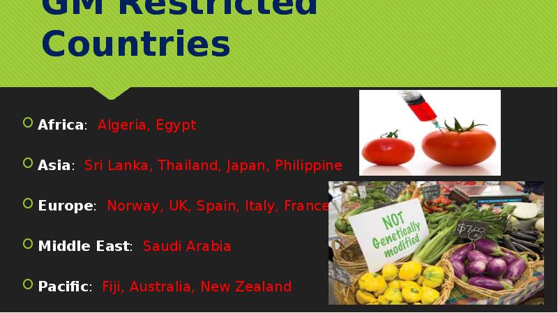 GM Restricted Countries Africa: Algeria, Egypt Asia: Sri Lanka, Thailand, Japan,