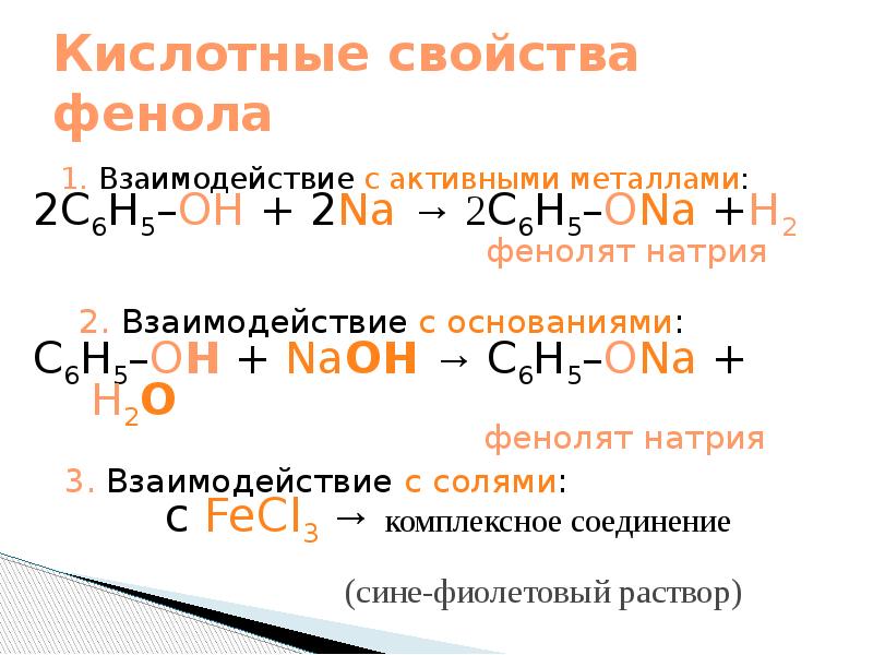 Слабые кислотные свойства фенола подтверждает реакция схема которой