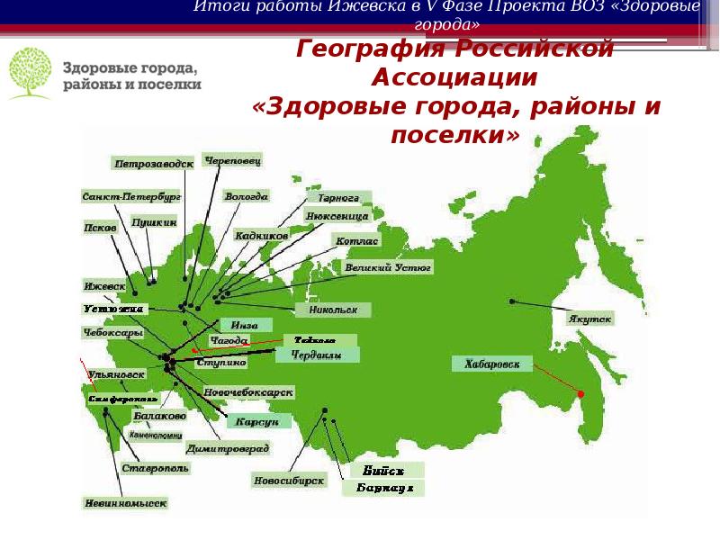 В каких городах работает. Проект воз Здоровые города. География проекта Здоровые города. Здоровые города России. География Ижевска.