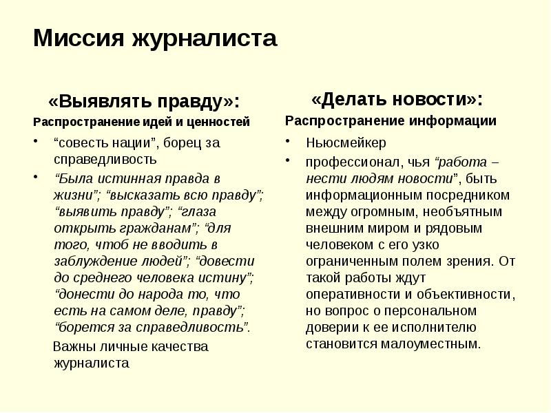 Миссия журналиста    «Выявлять правду»: Распространение идей и ценностей