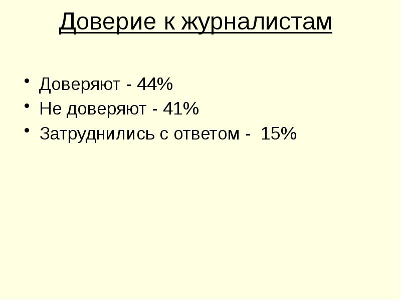 Доверие к журналистам  Доверяют - 44% Не доверяют - 41%