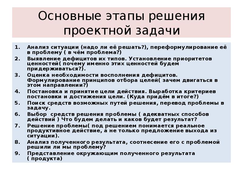 Решение задач анализ. Методы решения проектных задач. Этапы решения проектной задачи. Технология решения проектных задач. Последовательность действий при решении задач.