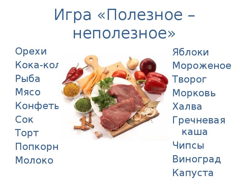 Игра «Полезное – неполезное» Орехи Кока-кола Рыба Мясо Конфеты Сок Торт