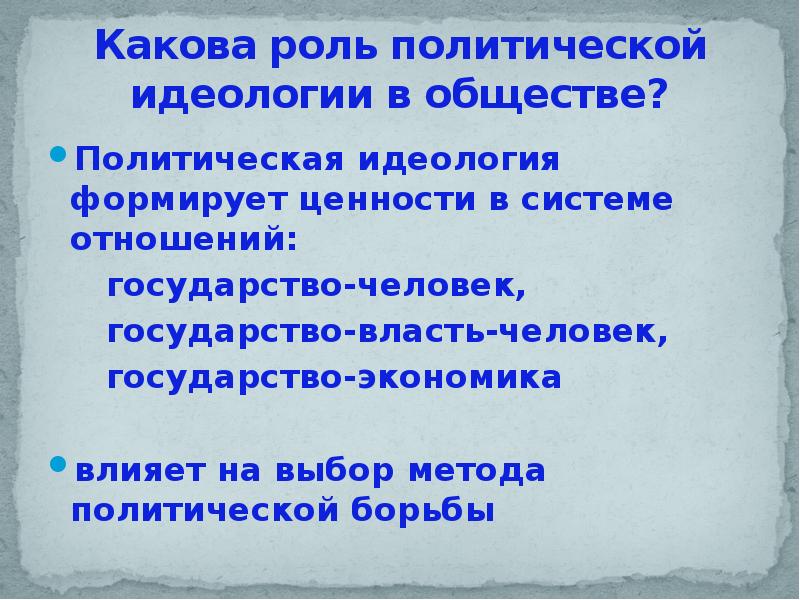 Роль политической идеологии в политической жизни план