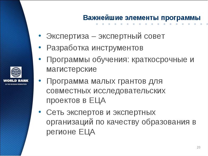 Программа мало. Программа Всемирного банка. Экспертиза программы развития. Совместных исследовательских проектов. Разработчик инструментов обучения это.