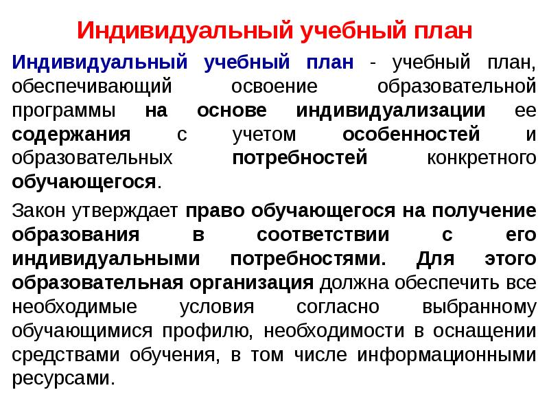 Специальная индивидуальная программа развития и индивидуальный учебный план включает в себя