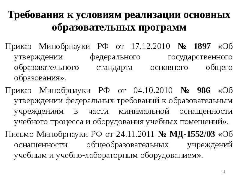 Требования к условиям реализации основных образовательных программ Приказ Минобрнауки РФ от