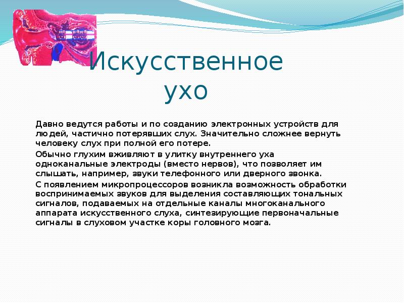 Искусственное ухо Давно ведутся работы и по созданию электронных устройств для