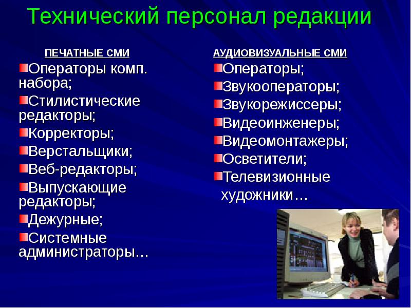 Технологический персонал. Печатные аудиовизуальные СМИ. Технические средства журналиста. Технологические средства журналистов. Сотрудники печатных СМИ.