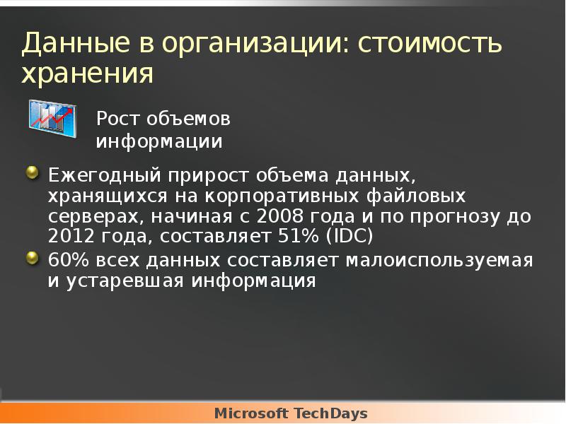 Данные в организации: стоимость хранения
Ежегодный прирост объема данных, хранящихся на Данные в организации: стоимость хранения
Ежегодный прирост объема данных, хранящихся на
