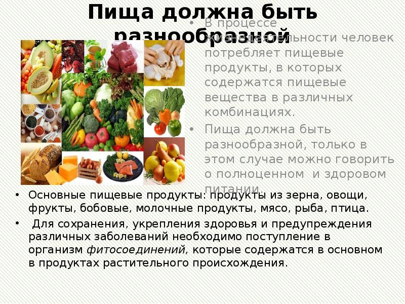Пища должна быть разнообразной Основные пищевые продукты: продукты из зерна, овощи,
