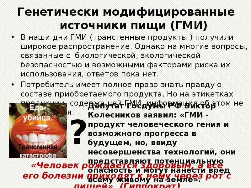 Генетически модифицированные   источники пищи (ГМИ) В наши дни ГМИ