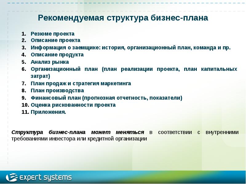 Структура бизнес плана организационный план