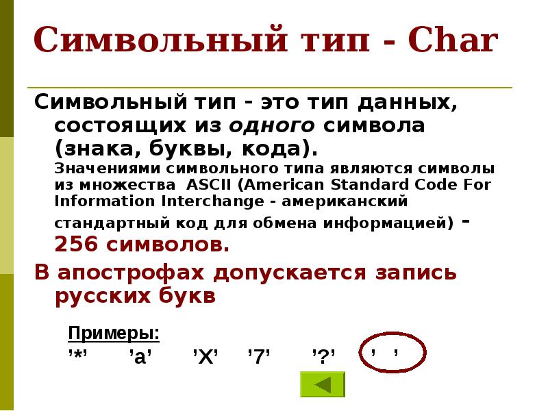 Символьный тип данных презентация 10 класс семакин