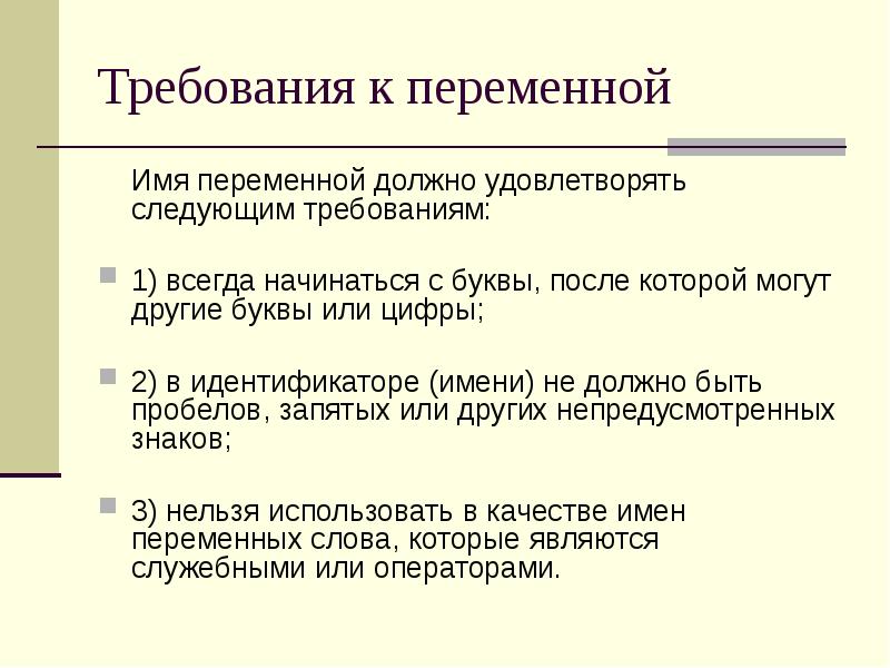 Понятие переменной виды переменных. Требования к переменным. Требование к именам переменных. Имя переменной должно. Какое должно быть имя переменной.