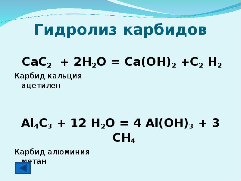 Гидролиз карбидов CaC2 + 2H2O = Ca(OH)2 +C2 H2 Карбид кальция ацетилен Al4C...