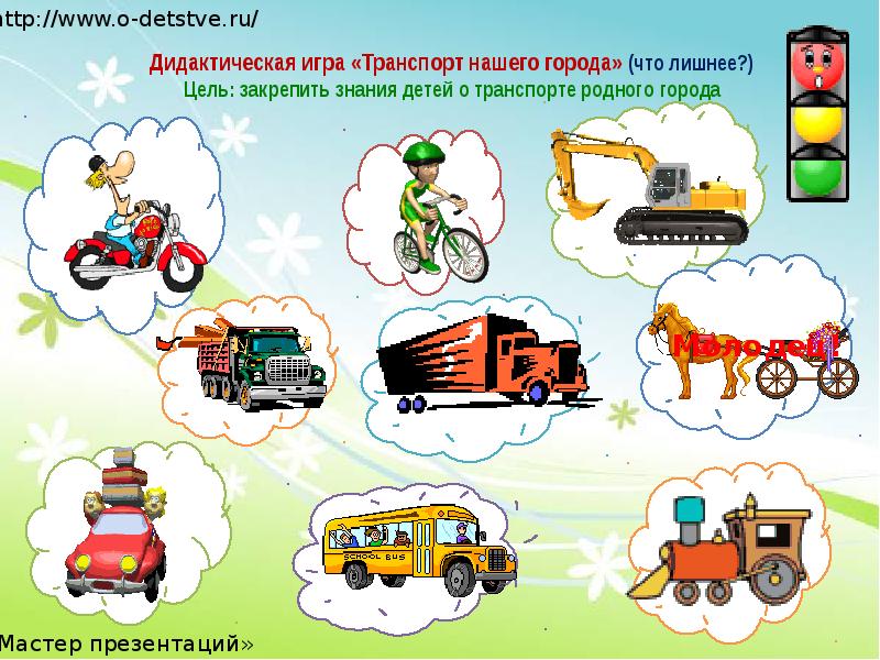 Дидактическая игра «Транспорт нашего города» (что лишнее?) Цель: закрепить знания детей Дидактическая игра «Транспорт нашего города» (что лишнее?) Цель: закрепить знания детей