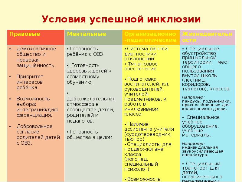 Схема соотношение разных видов условий для успешной инклюзии ребенка с овз