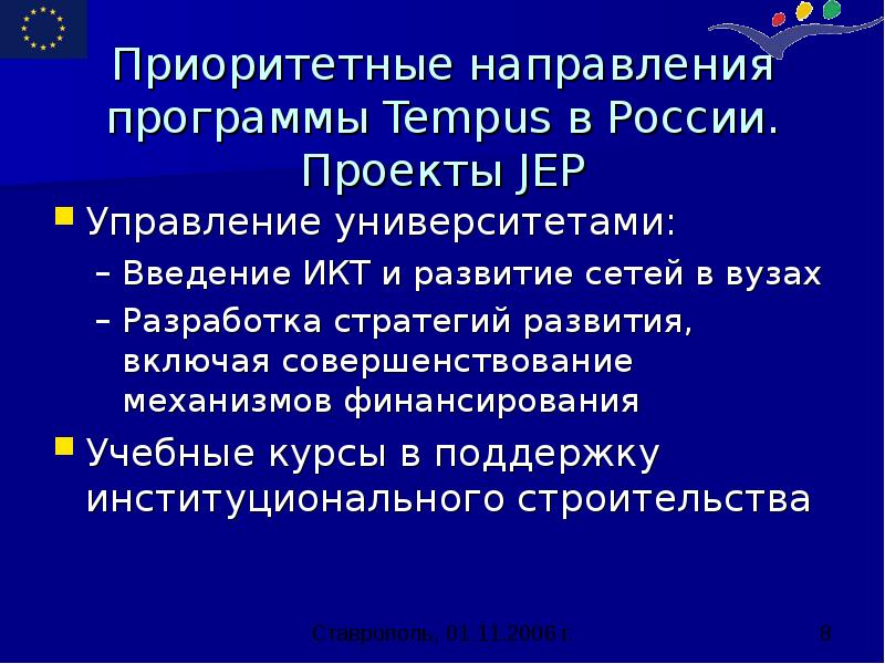 Приоритетные направления программы Tempus в России. Проекты JEP Управление университетами: Введение