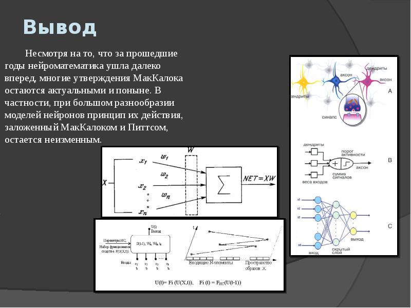 Вывод
Несмотря на то, что за прошедшие годы нейроматематика ушла Вывод
Несмотря на то, что за прошедшие годы нейроматематика ушла