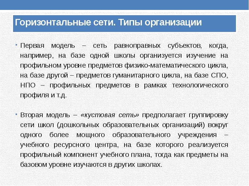 Сетевой тип организации. Уровень предмета. Горизонтальные сети.