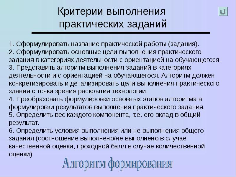 Выполнить практическую работу. Критерии выполнения практического задания. Цель выполнения практического задания. Алгоритм выполнения практической работы. Задание для выполнения практической работы.