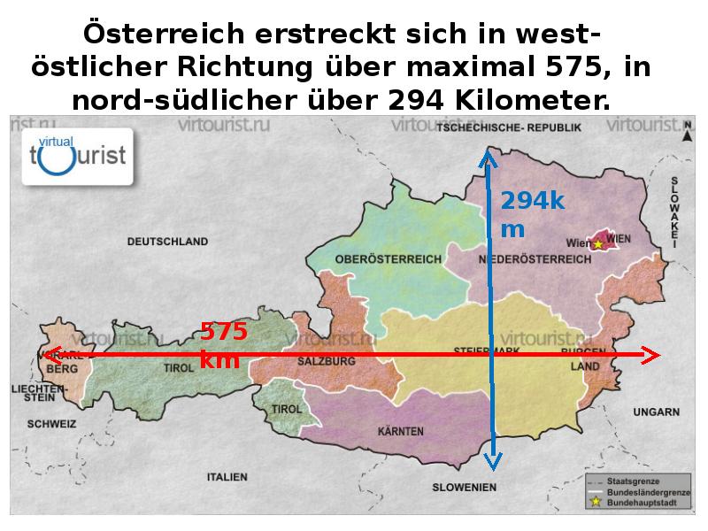 Österreich erstreckt sich in west-östlicher Richtung über maximal 575, in nord-südlicher Österreich erstreckt sich in west-östlicher Richtung über maximal 575, in nord-südlicher