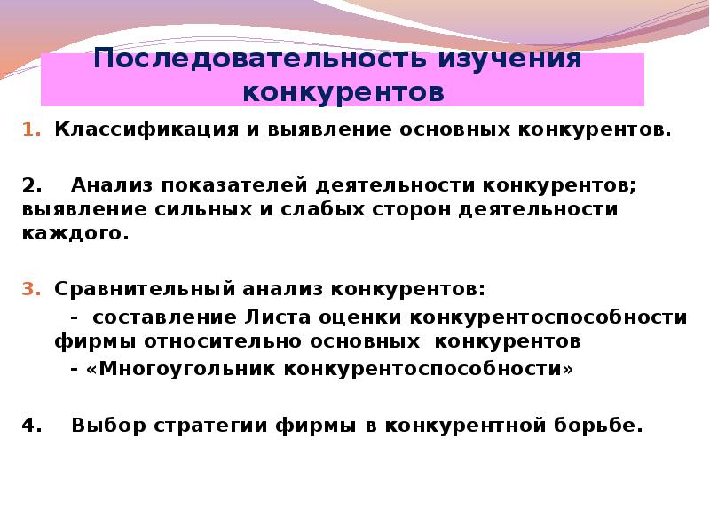 Последовательность исследования. Исследование деятельности конкурентов. Выявление конкурентов. Методы анализа деятельности конкурентов. Исследование и анализ работы конкурентов.