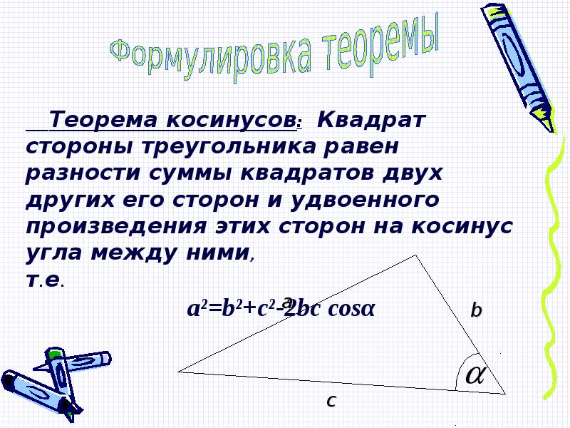 Косинус на рисунке треугольника. Теорема косинусов для тупоугольного треугольника. Как звучит теорема косинусов. Частный случай теоремы косинусов. Теорема о направляющих косинусах.