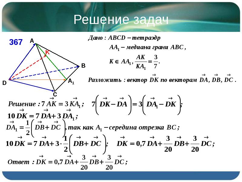 Презентация разложение вектора по трем некомпланарным векторам 10 класс атанасян